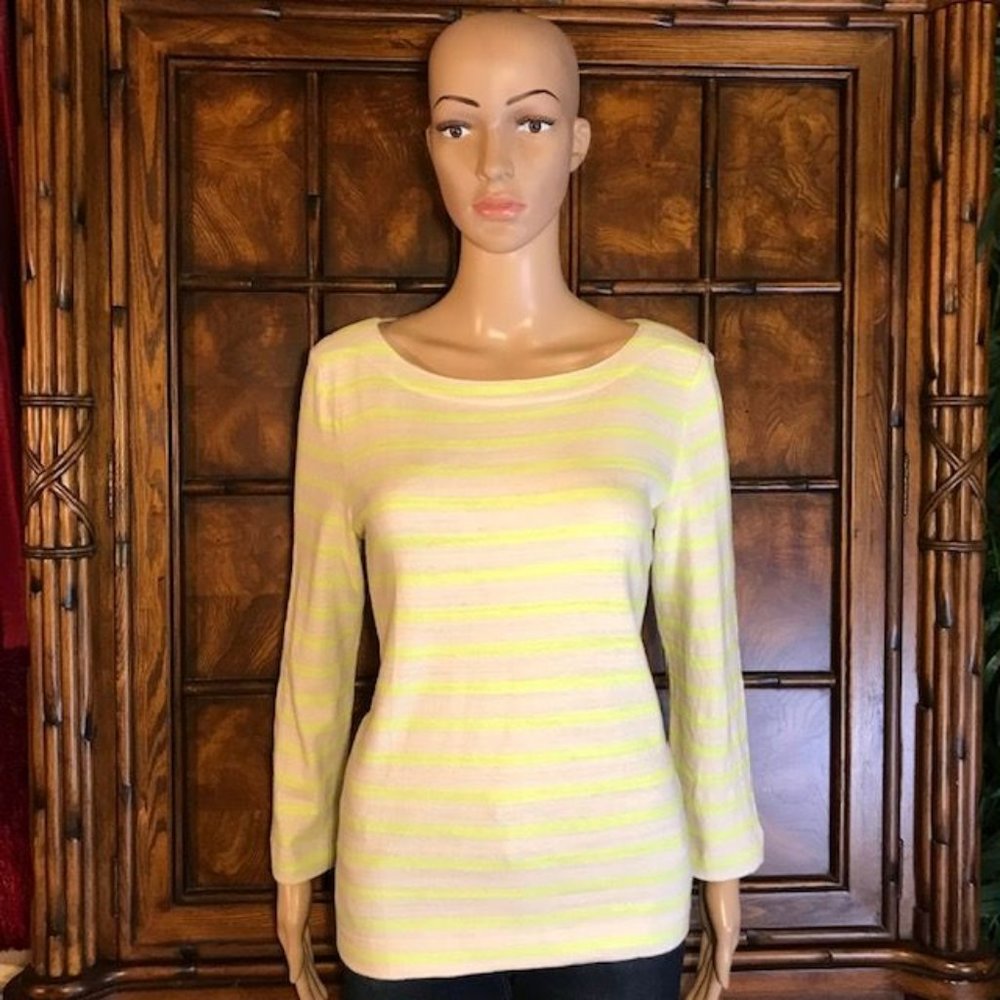 LOFT Lime 100% Cotton Neon Stripe Boatneck Top